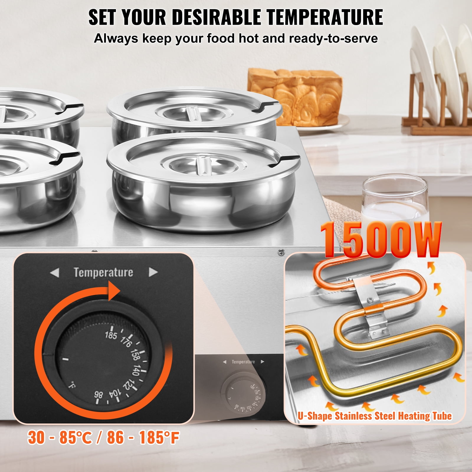 VEVOR Electric Soup Warmer, Four 7.4QT Stainless Steel Round Pot, 1500W Commercial Food Warmer, 86~185°F Adjustable Temp, Bain Marie with Anti-Dry Burn and Reset Button, for Restaurant, Buffet