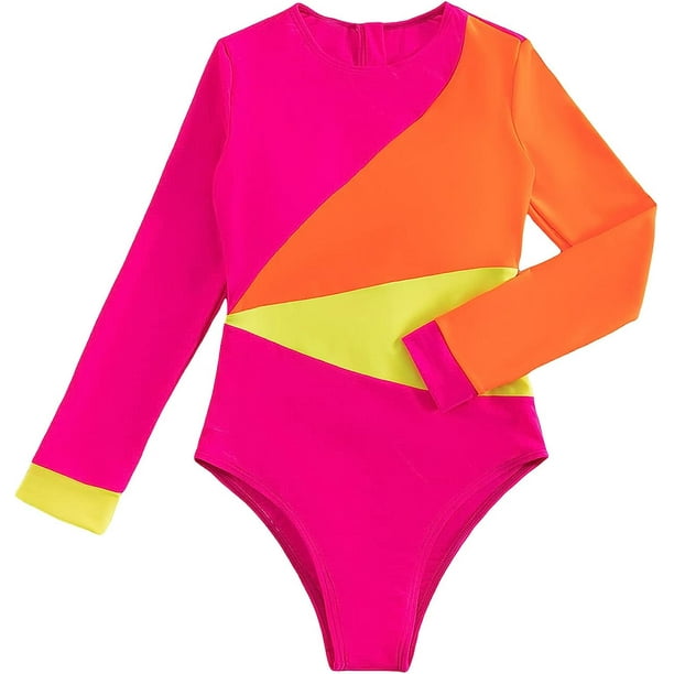 Singreal Women's Rash Guard Swimsuit Long Sleeve Color Block Zip Back