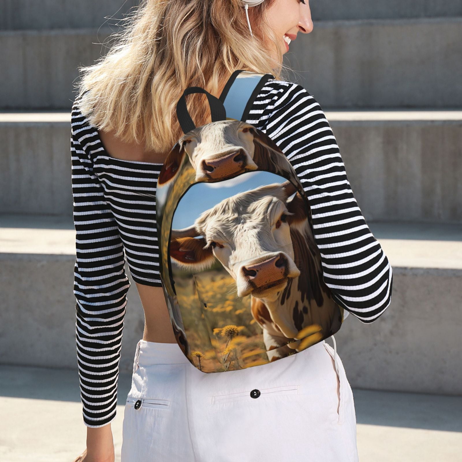 Vsdgher Countryside Flower Cow Print Canvas Backpack Travel Rucksack Unisex Knapsack 15.7/17.7Inch Laptop Backpack for Work,College -Small