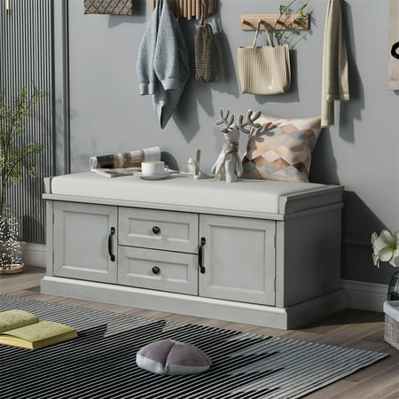 

INCLAKE Storage Bench with 2 Drawers and 2 Cabinets Entryway Shoe Bench with Removable Cushion for Living Room Wooden End of Bed Bench for Bedroom Easy Assembly Gray Wash