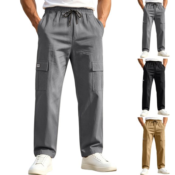 YABCSAZ Mens Cargo Pants Straight Leg Multi Pocket Joggers Elastic Waist Drawstring Casual Work Trousers Loose Fit Outdoor Hiking Streetwear Lounge Pants
