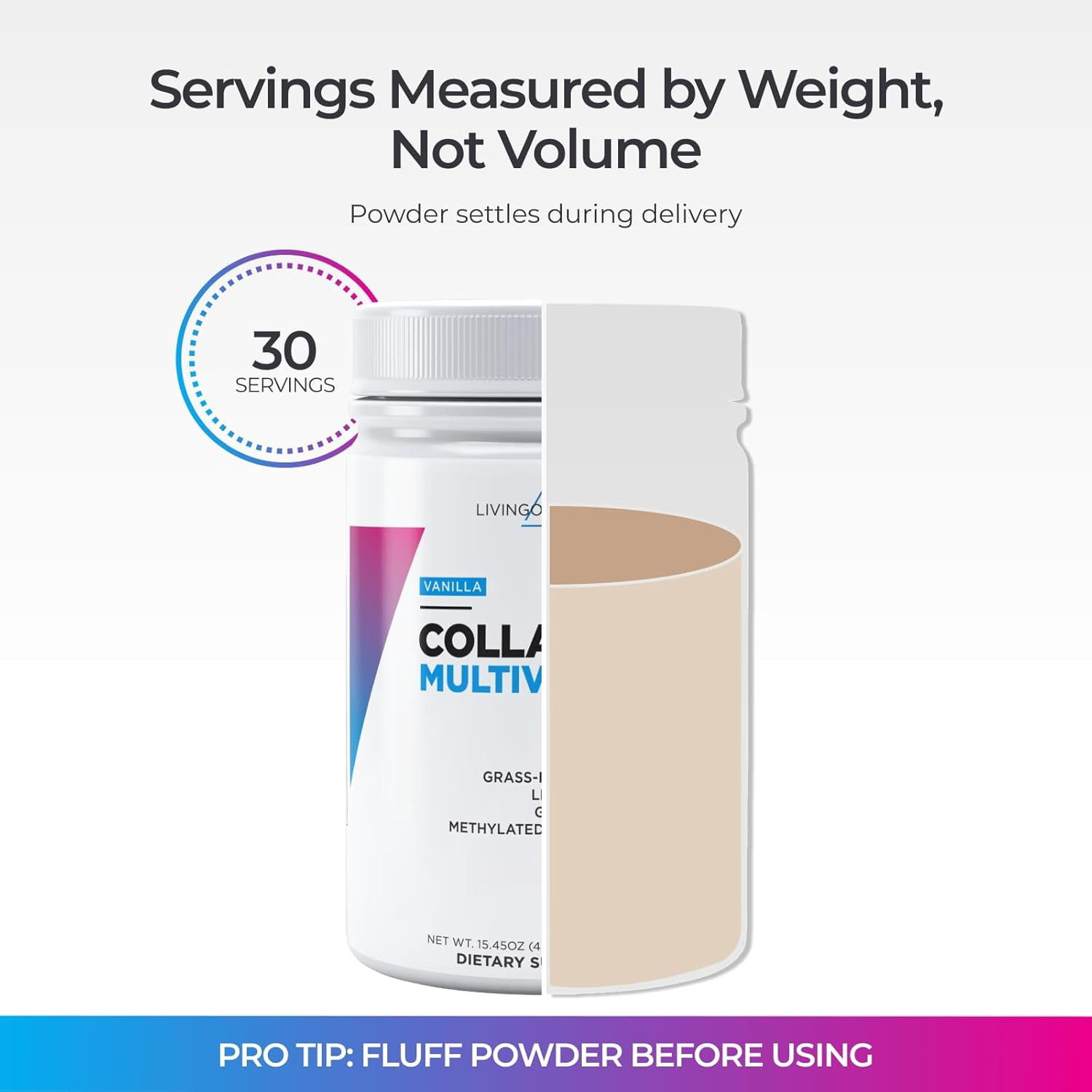 Livingood Daily Collagen Peptides Powder Vanilla, 30 Servings - 4in1 Grass Fed Hydrolyzed Collagen Powder with Multi Vitamins