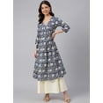 thumbnail image 3 of Janasya Indian Navy Blue Cotton Floral Print Flared 3\4 Sleeves V Neck Calf Length Kurta for Women, 3 of 7