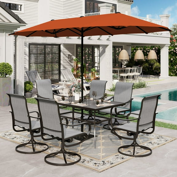 Sophia & William 8-Piece Outdoor Patio Dining Set with 13ft Orange Red Umbrella, Rectangle Table & Padded Textilene Chairs Furniture Set, Gray