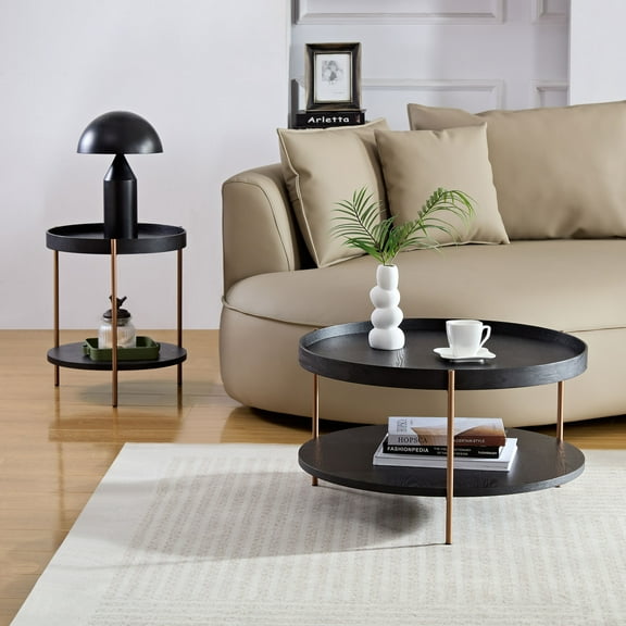MAYEERTY 2-Piece Modern 2-Tier Round Nesting Coffee Table Set, Easy-Assembly End Side Tables for Living Room, Bedroom & Office, Black MDF