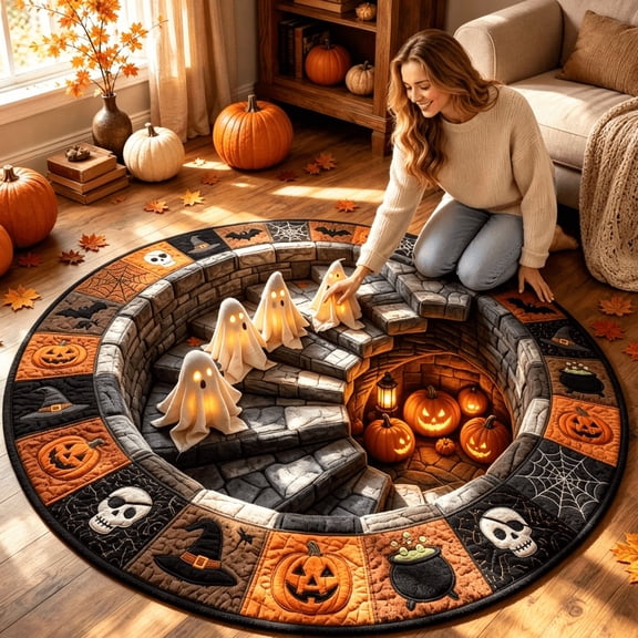 3D Optical Halloween Round Area Rug, Ghost Pumpkin Print Spooky Circular Floor Mat, Non Slip Backing Entryway Doormat, Holiday Party Carpet for Entryway Bedroom Home Halloween Party Decor