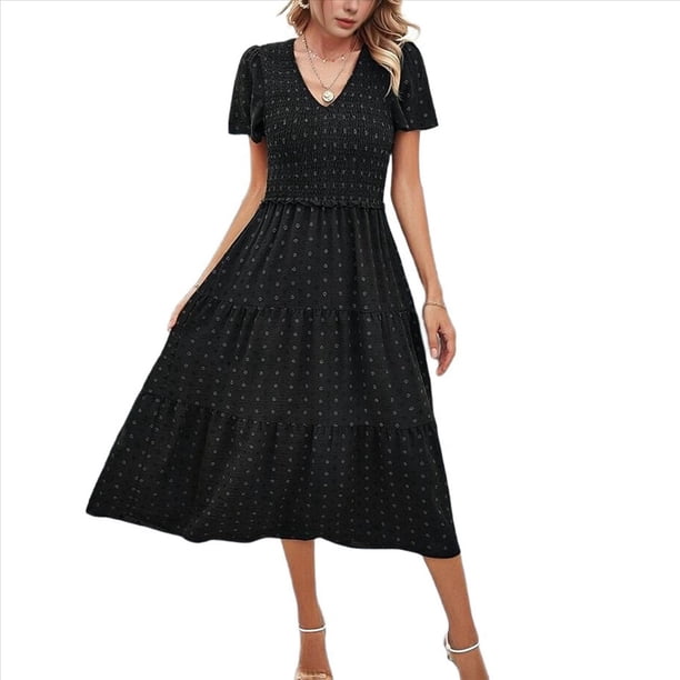 Vestido Bohemio Informal de Corta con Escote en V y Dobladillo para Mujer, Color Negro, Talla XL