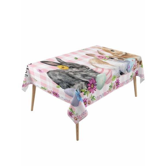 Happy Easter Rectangle Tablecloth, Cute Rabbits Daisy Flowers Leaves Eggs Pink Plaid Waterproof & StainResistant Tablecloth, Washable Oil-proof Table Cover for Dining/Party/Wedding/Buffet 54x108 In