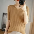 thumbnail image 6 of Women's Solid Color Sweater Short Sleeve V-Neck Pullover Soft Lightweight Knit Top for Everyday Casual Style Camel XXL, 6 of 6