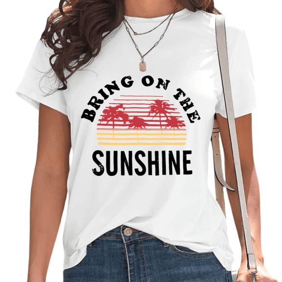 UNISHE Women's Bring On The Sunshine Retro Sunset Palm Tree Casual Crew Neck Short Sleeve T-Shirt Top