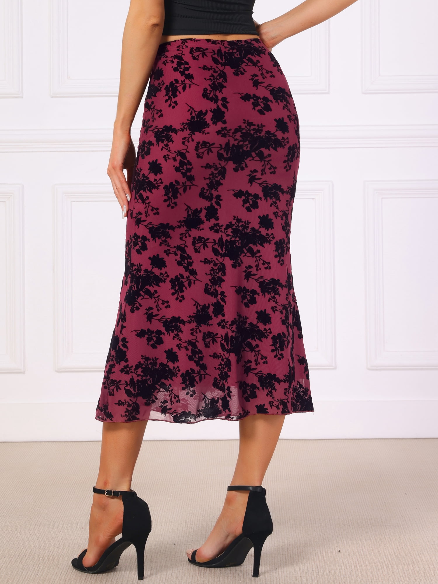 DARING DIVA Women's High Waist Bodycon Mesh Fishtail Midi Skirts X-Small Red