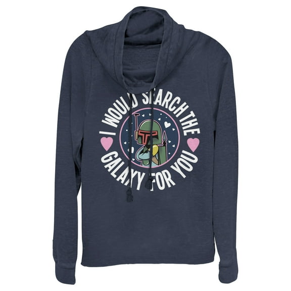 Junior's Star Wars Valentine Boba Fett Search the Galaxy  Cowl Neck Sweatshirt Navy Blue X Large