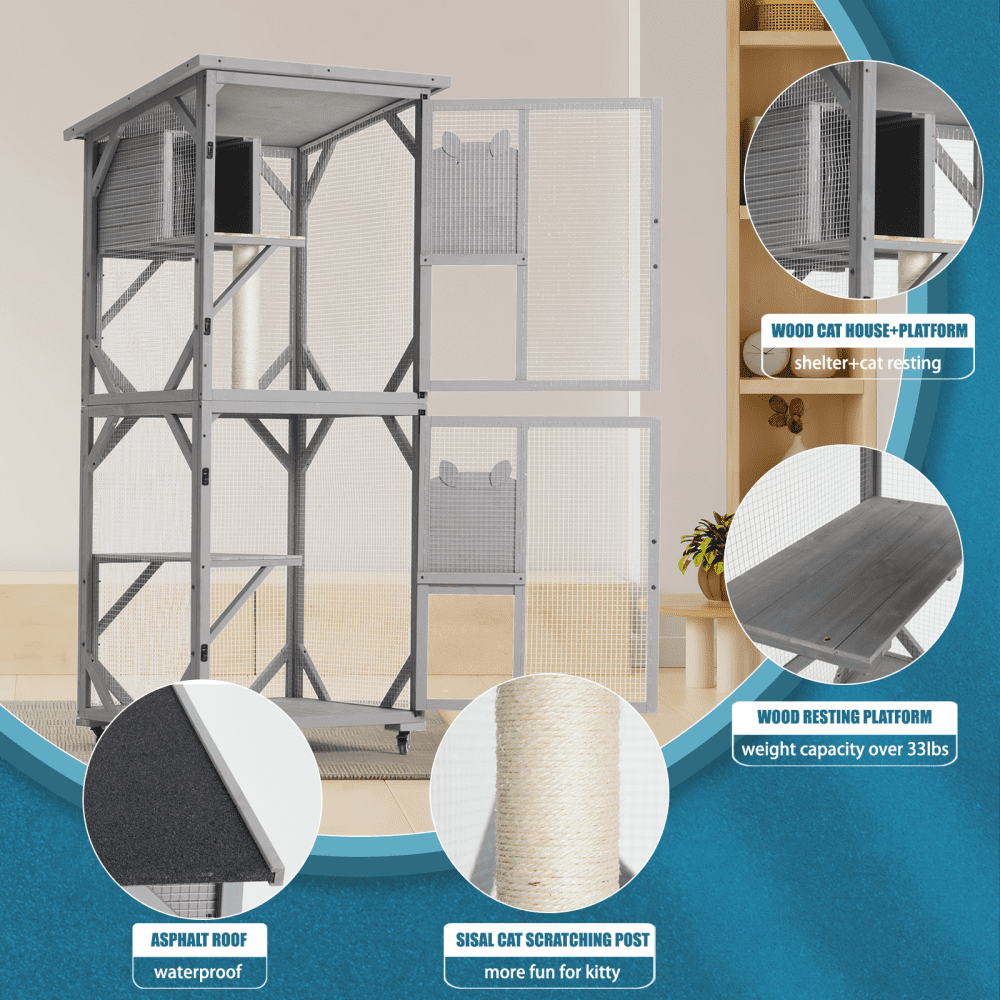 Large Outdoor Catio Cat Enclosure with Wheels,Waterproof Roof&Multi-Level Play Areas,70.9"