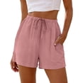 thumbnail image 2 of Cotton Linen Shorts for Women Elastic Waist Drawstring Summer Beach Shorts with Pockets Pink 2XL, 2 of 8