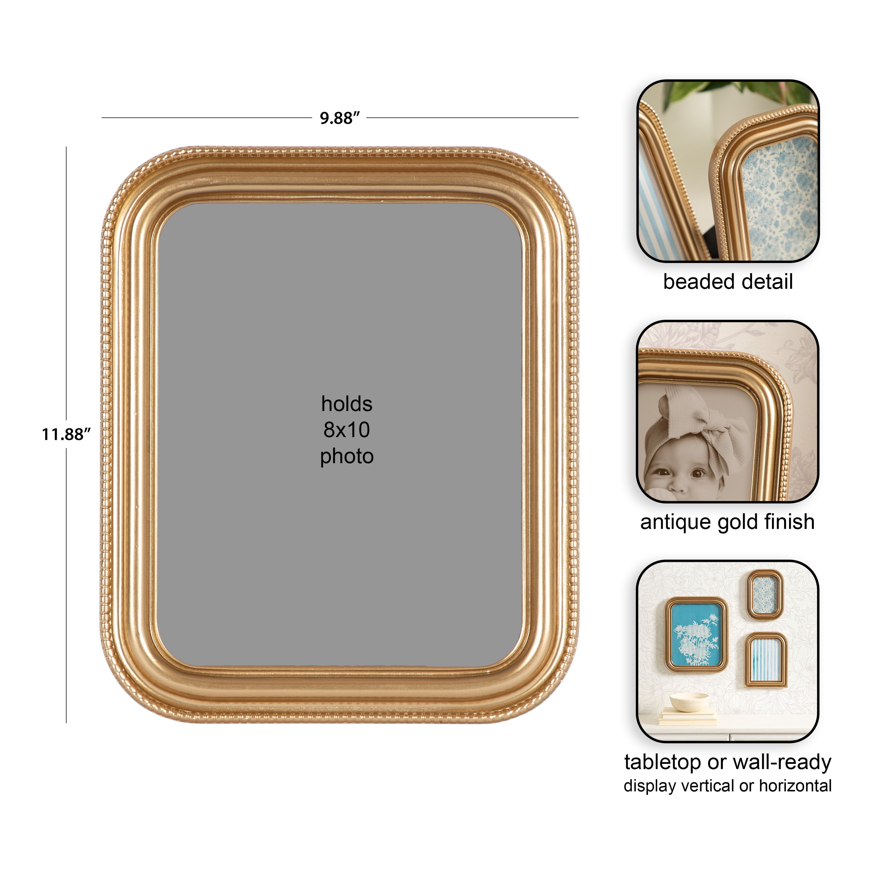 DesignOvation – 8x10 Picture Frame – Beaded Gold Tabletop Photo Frame