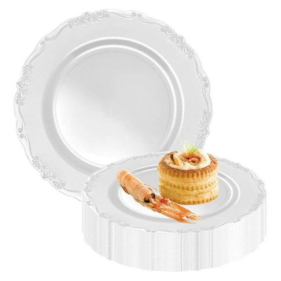 Alieon Disposable Plastic Dinner Plates 120 Pcs - 10" Heavy Duty Fancy White Vintage Dinner Plates - Bulk Catering Supplies For Wedding, Birthday & All Occasions