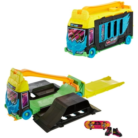 Hot Wheels Skate Tony Hawk Transforming Skate Bus with 1 Exclusive Finger Skateboard & 1 Pair of Removable Skate Shoes
