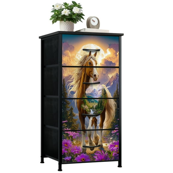 Farmhouse Dresser for Bedroom with 4 Storage Drawers Abstract Geometric Bold Colors Dynamic Shapes Dressers Chest of Drawers Steel Framed Fabric Closet Organizers for Entryway