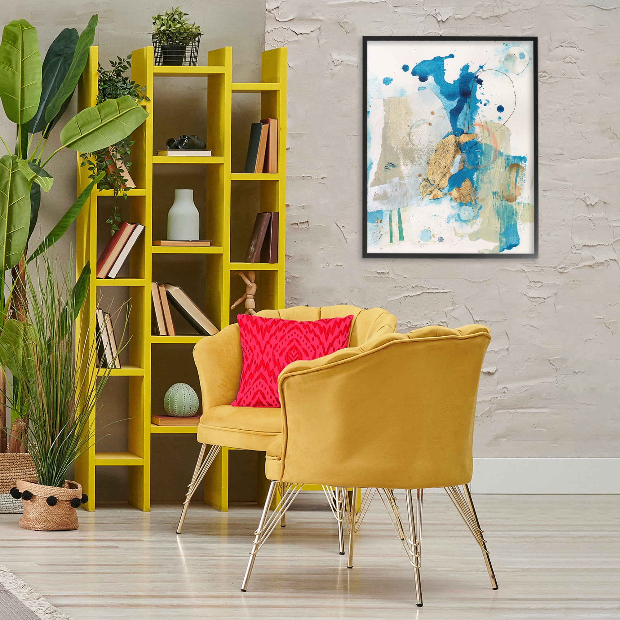 Stupell Industries Blue & Gold Splash Abstract Abstract Painting Black Framed Art Print Wall Art, 24 x 30