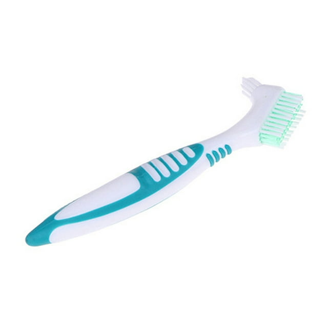 Biplut Double Side Denture Toothbrush Ergonomics Handle Plastic Multi Layered Bristles False Teeth Oral Care Brush for Home Use (Green)