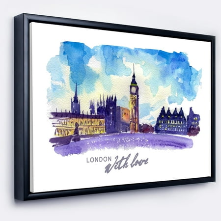 DESIGN ART Designart 'London Purple Illustration' Cityscape Painting Framed Canvas Print