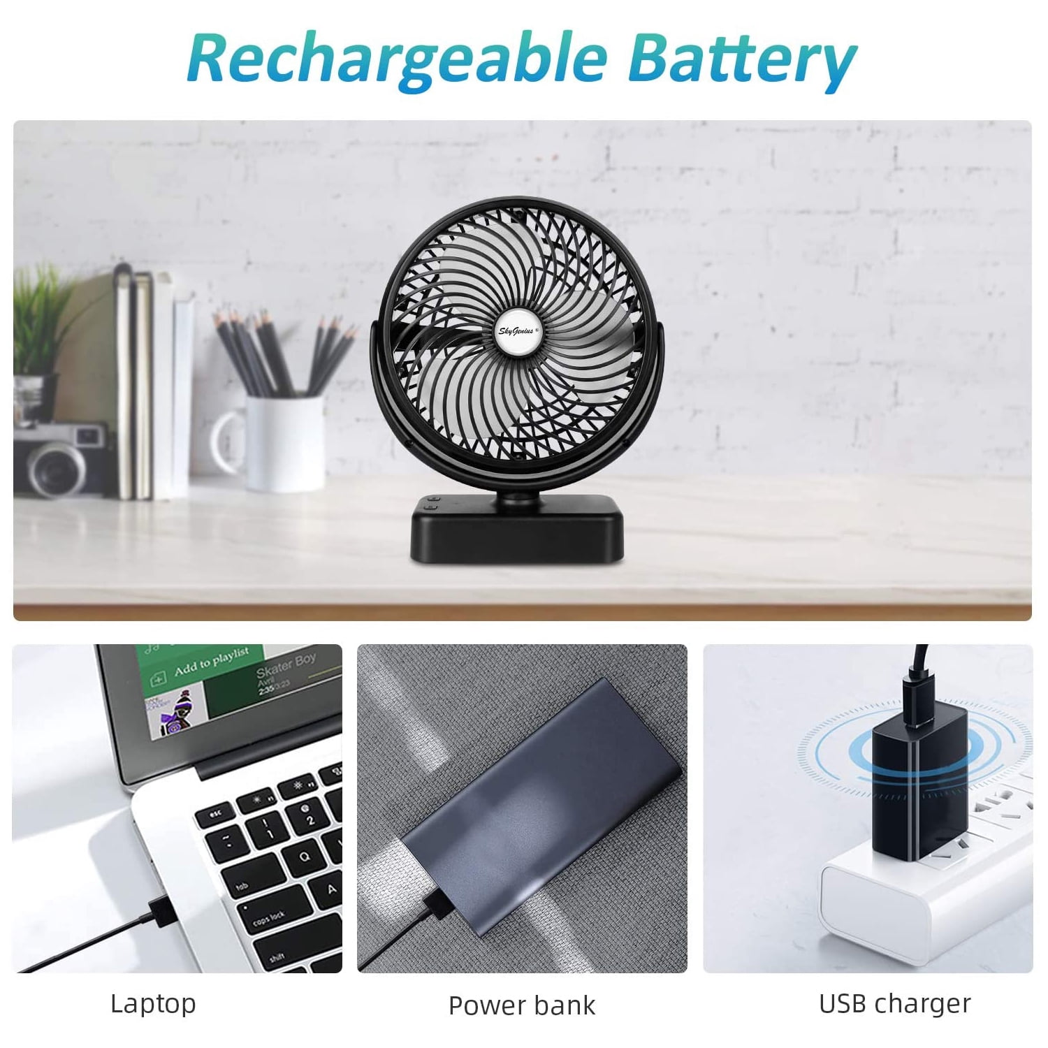 SkyGenius 7 inch Camping Fan with LED Lights USB Rechargeable Mini Desk Fan 4400mAh Battery Operated