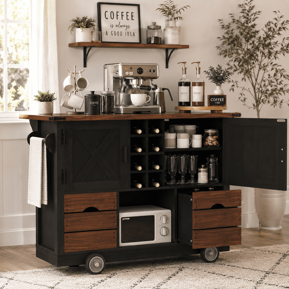 Homy Casa 54" Farmhouse Rolling Kitchen Island Cart with Drop Leaf Wine Rack Black