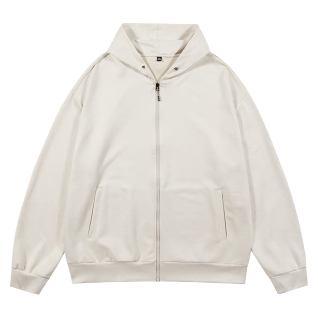 RXIRUCGD Man Solid Color Button Zipper Cardigan Hooded Coat, Beige, Size: L