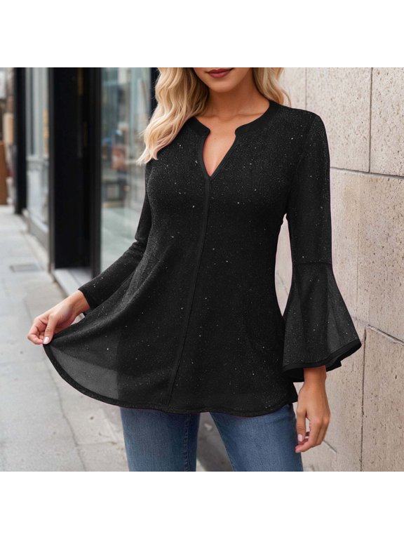 Shirts for Women Loose Solid V Neck 3/4 Sleeve Flutter Sleeve Blouse Womens Tees Black L