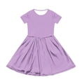 thumbnail image 3 of OIOLOYJM Girls Summer Short Sleeve Dress Cute Flowy Swing Hem Pocket A Line Dress Basic Lightweight Birthday Party Dresses Purple 11-12 Year, 3 of 4