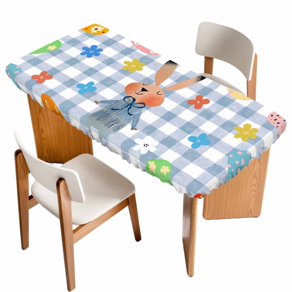 Spring Easter Table Cloths for 4 Foot Rectangle Tables, Blue Plaid Bunny Colorful Eggs Floral Patio Waterproof Elastic Fitted Tablecloths, Washable Rectangular Table Cover for Camping