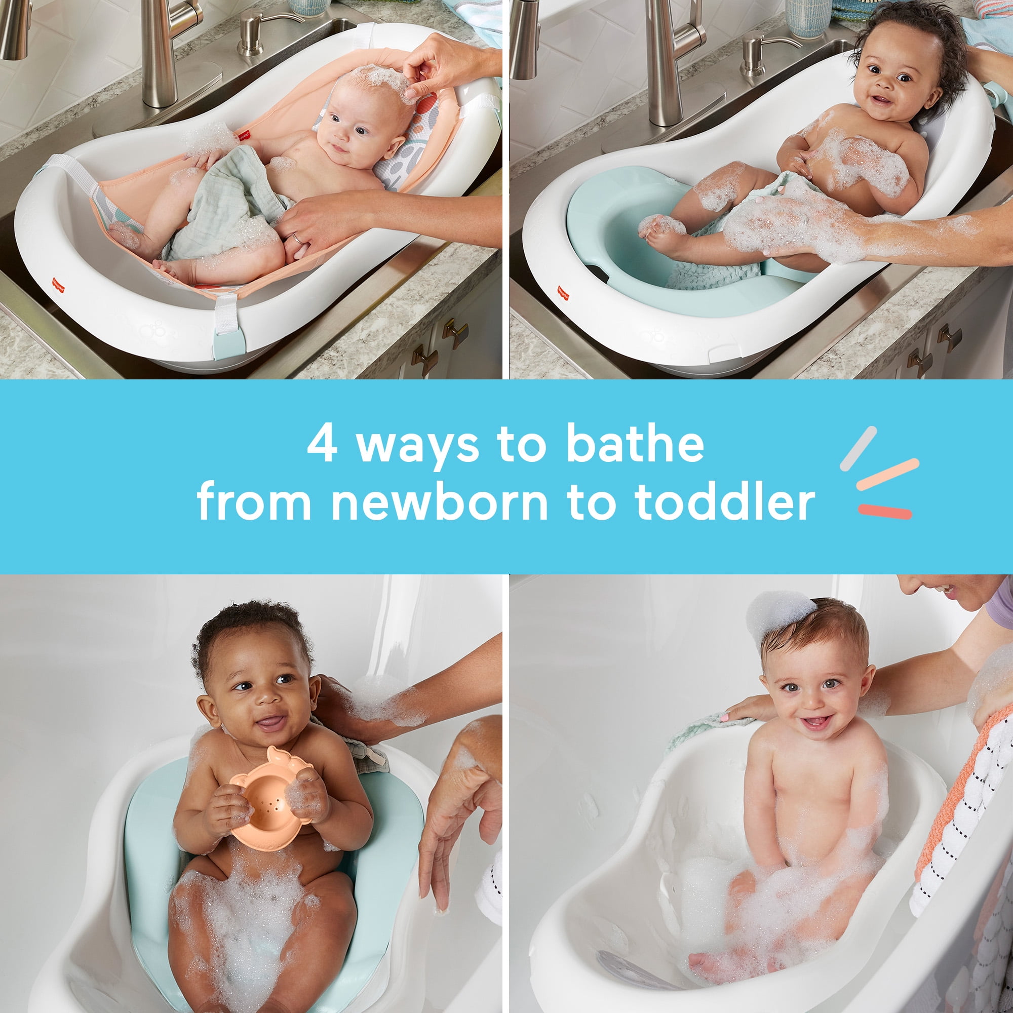 Fisher-Price Baby to Toddler Bath 4-in-1 Sling ‘n Seat Tub with Removable Infant Support and 2 Toys, Summer Blossoms