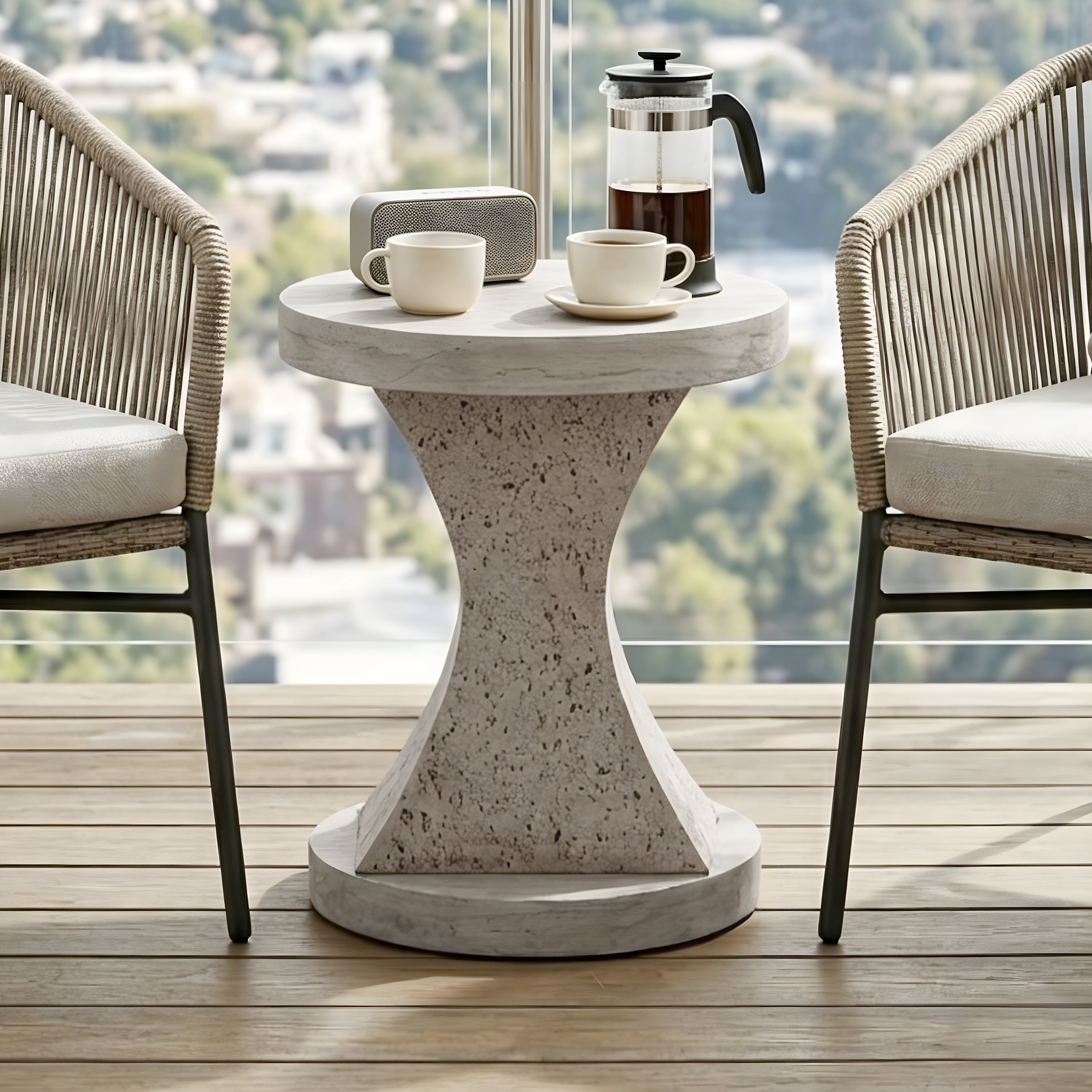 Hourglass MGO Side Table–Waterproof, Fireproof, Sturdy & Textured–No Assembly Required，Ivory Oak Travertine
