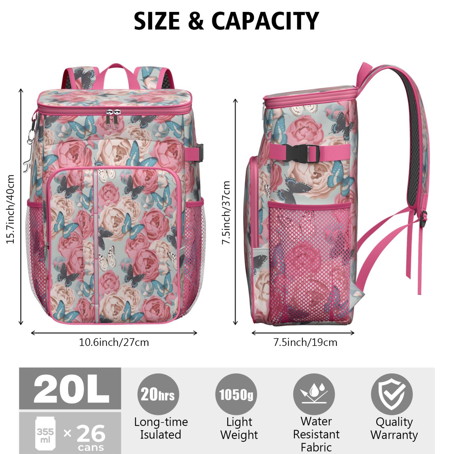 Travel Cooler Bag - Pioneer Flower Floral Print Pattern Camping Beer Cooler Backpack with Bottle Opener- Waterproof Insulated Picnic Backpacks - Cooler Bag for Beach