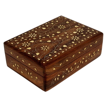 Ajuny Wooden Hand Carved Decorative Jewelry Storage Box Brass Inlay Treasure Chest Keepsake Travel Organizer Trinket Case Holder