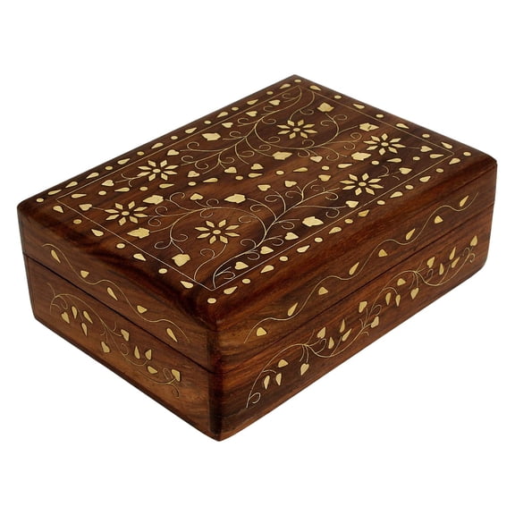 Ajuny Wooden Hand Carved Decorative Jewelry Storage Box Brass Inlay Treasure Chest Keepsake Travel Organizer Trinket Case Holder