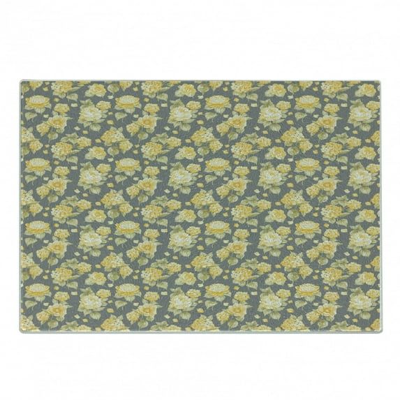 Flower Cutting Board, Hydrangea Chrysanthemum Hortensia Pattern Countryside Old Style Illustration, Decorative Tempered Glass Cutting and Serving Board, Small Size, Yellow Grey Green, by Ambesonne
