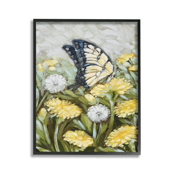 Stupell Industries Butterfly & Yellow Daisies Botanical & Floral Painting Black Framed Art Print Wall Art, 11 x 14