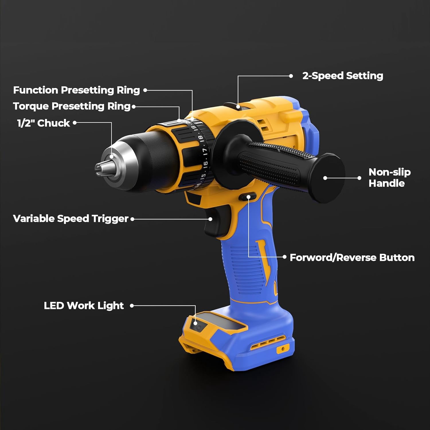 Cordless Drill Compatible with Dewalt 20V Max Battery(No Battery), Electric Hammer Drill with Brushless Motor, 1/2" Keyless Metal Chuck,4pcs Bit Drill Set for Drilling Brick Wall, Metal, Wood, Screws