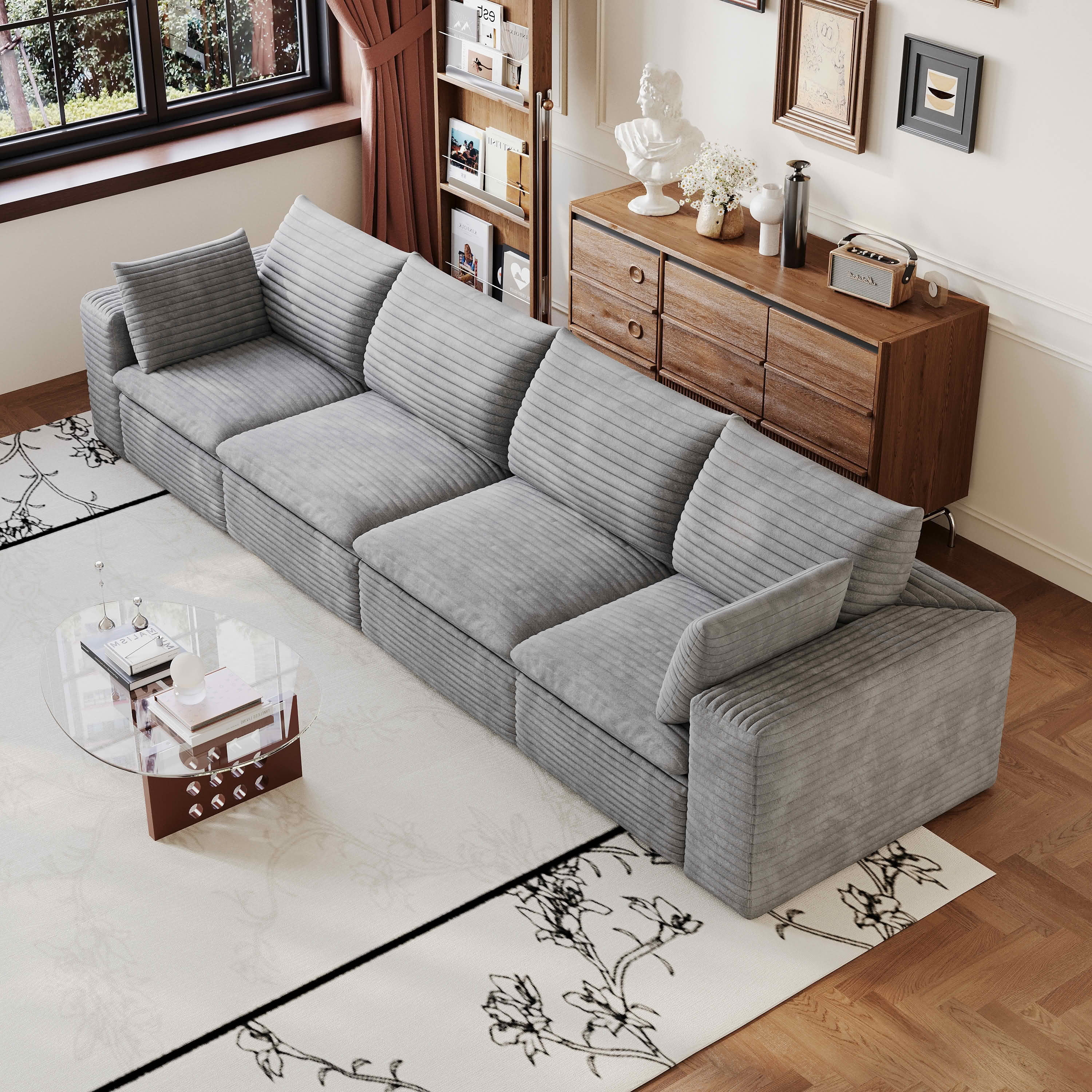 MAYEERTY 134 Inch Cloud Modular Sofa, Corduroy Deep‑Seat Couch with Double‑Layer Removable Cushions, No‑Assembly DIY Combination Sponge Sofa for Living Room Bedroom Conference Room Apartment