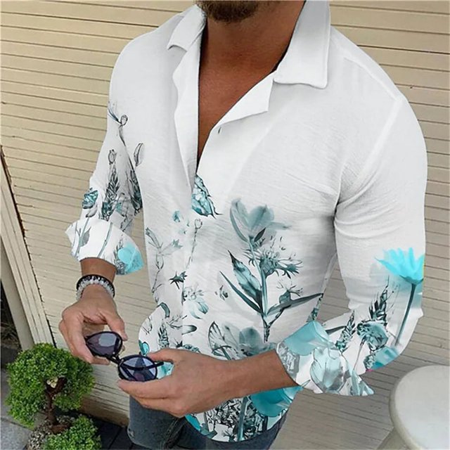 Camisa de algodón con solapa elástica y diseño floral para hombre, informal, para festivales, exteriores, calle, azul, morado, con botones, talla grande, nueva