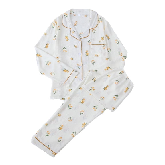 SwiftWear Women’s Seersucker Floral Pajama Set Collar Long Sleeve Botton Down Sleepwear Cozy Pjs Loose Fit Loungewear, Yellow