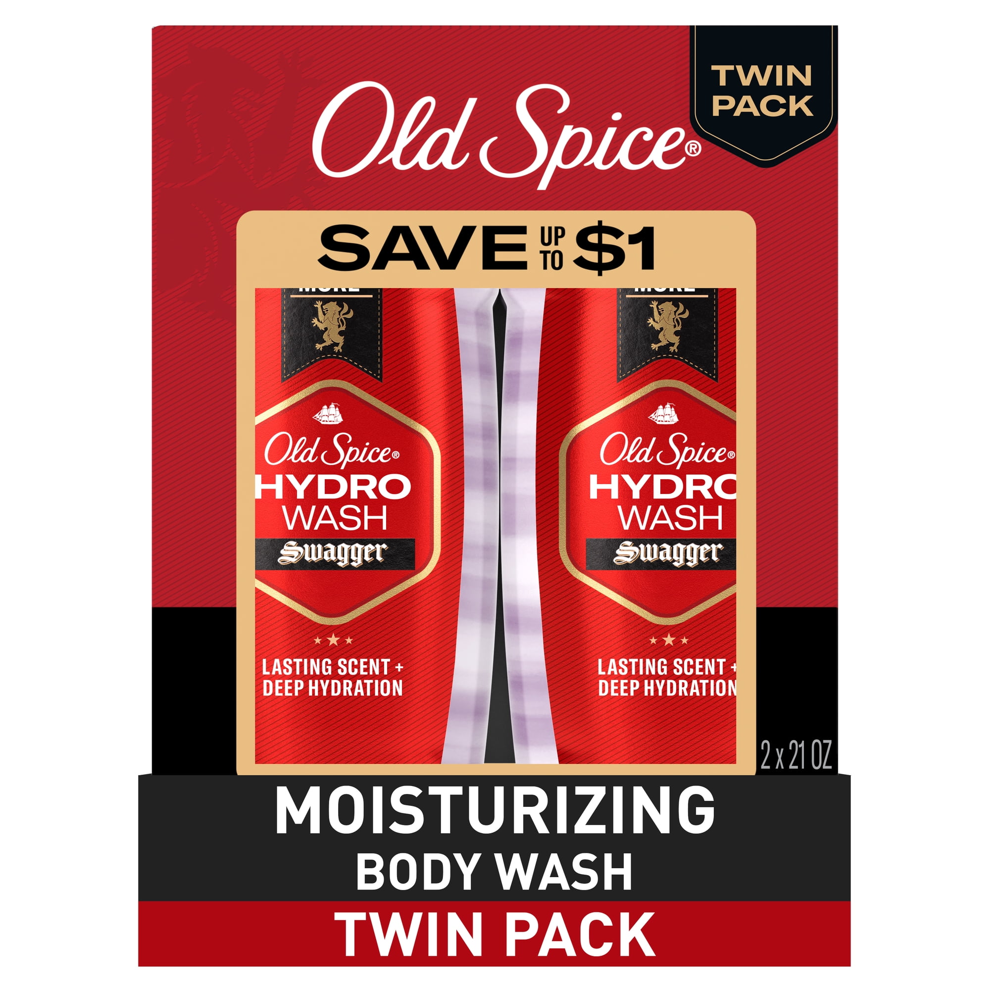 Old Spice Men's Moisturizing Hydro Body Wash, Swagger Scent, for All Skin Types, 21 fl oz, Twin Pack