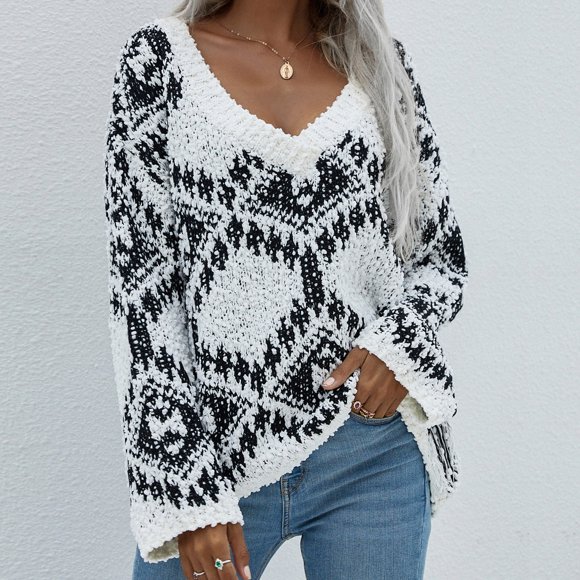 WREESH Women's Casual Long Sleeve Loose V-neck Rhombus Pattern Sweater Pullover