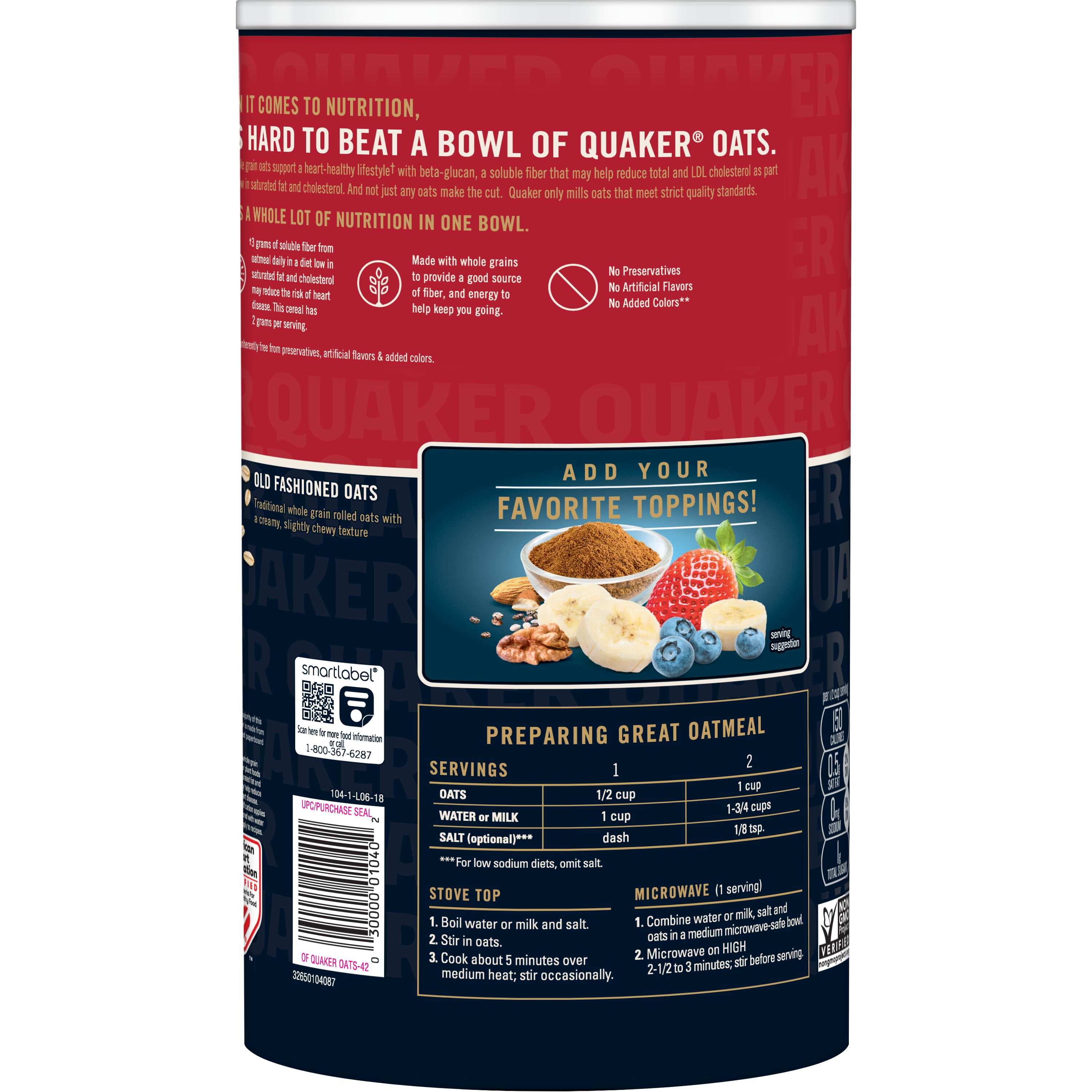 Quaker, Old Fashioned Oatmeal, Whole Grain, Cook on Stovetop or Microwave, 42 oz Canister - image 3 of 7