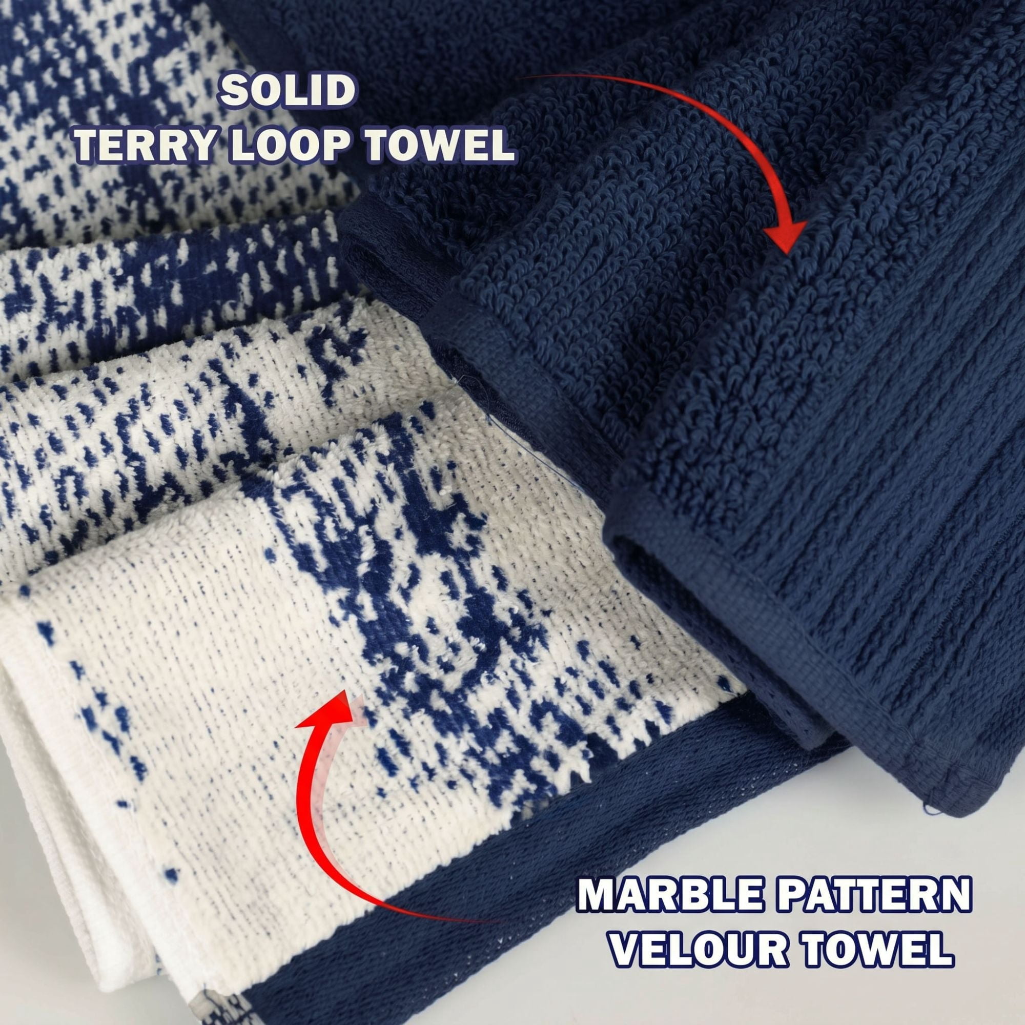 Superior Marble and Solid Jacquard Assorted Cotton 10 Piece Towel Set, Navy Blue - Ivory