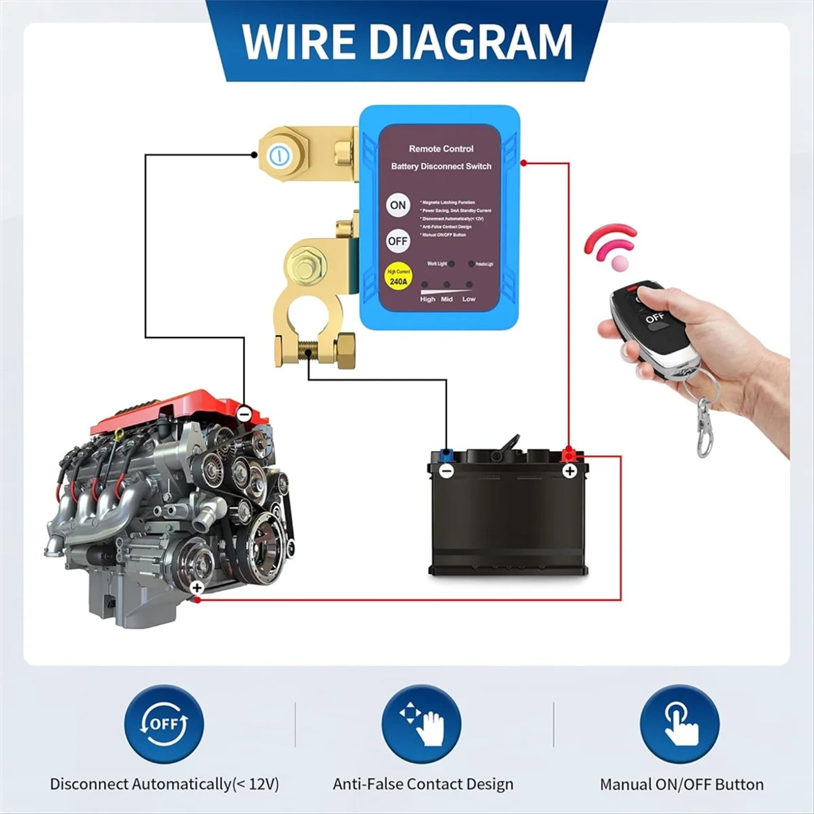 12V 240A Remote Battery Disconnect Switches, Magnetic Latching Power Cutoff Controllers with 2 Key Fobs, Automatic Anti-Drain Power Management Accessories for Gasoline & Diesel