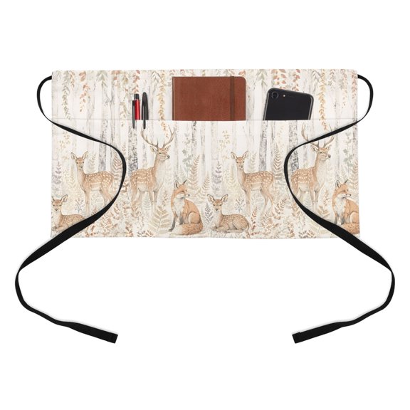 Vintage Deer Fox Kitchen Restaurant Half Waist Apron, Forest Brown Animals Rustic Tree Plant Countryside Server Short Apron with 3 Pockets Waterproof Oil Waist Aprons for Women Waitress Waiter