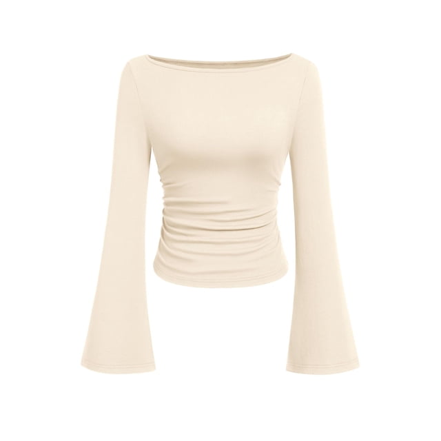 Remera PRETTYGARDEN Otoño 2025 Crop Top con Mangas Campana Beige XXL