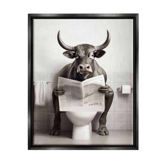 Stupell Industries Cattle Reading Newspaper Animals & Insects Painting Black Floater Framed Canvas Art Print Wall Art, 17 x 21